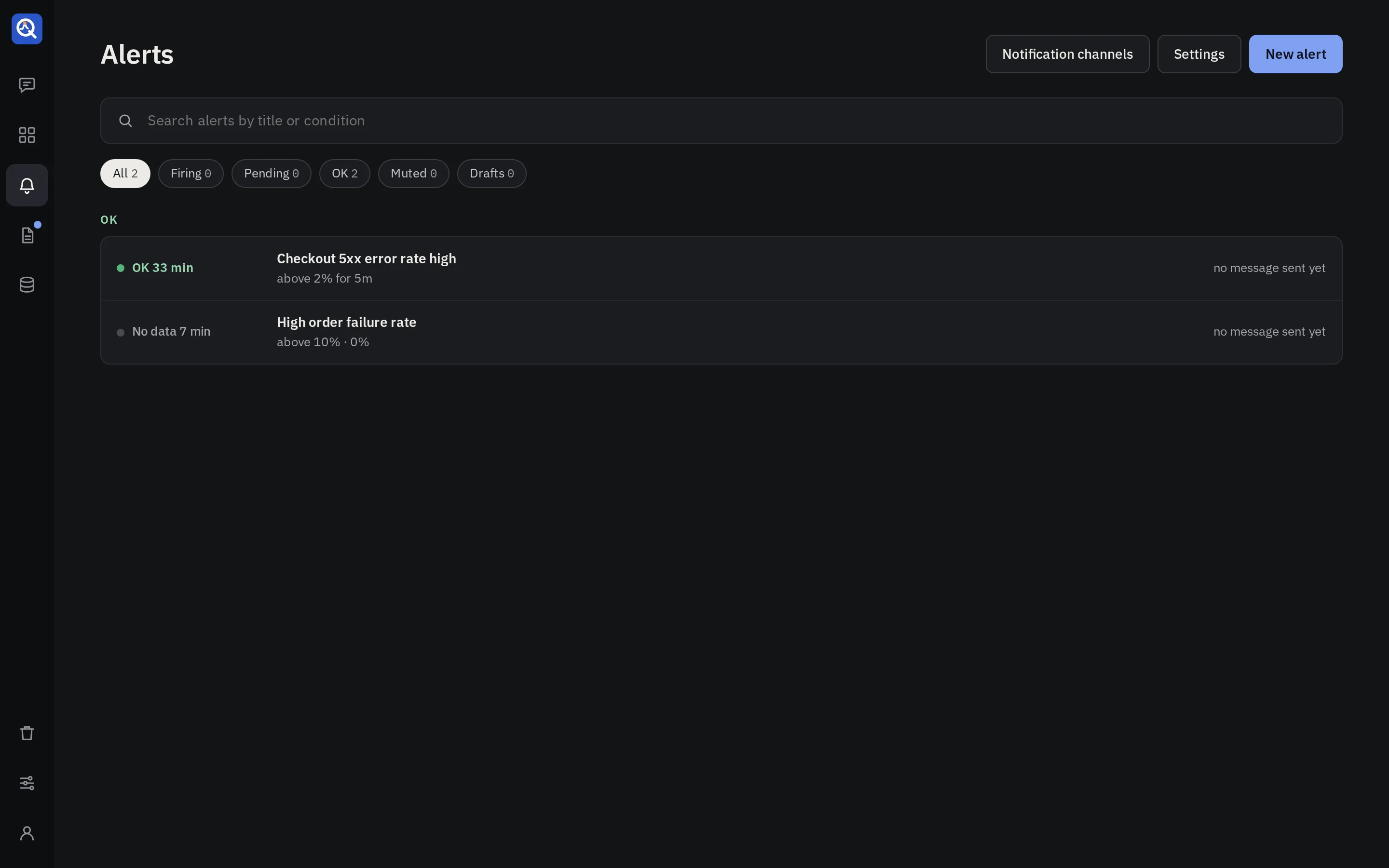 The alerts list: firing first, then pending and OK, each with its condition and worst series