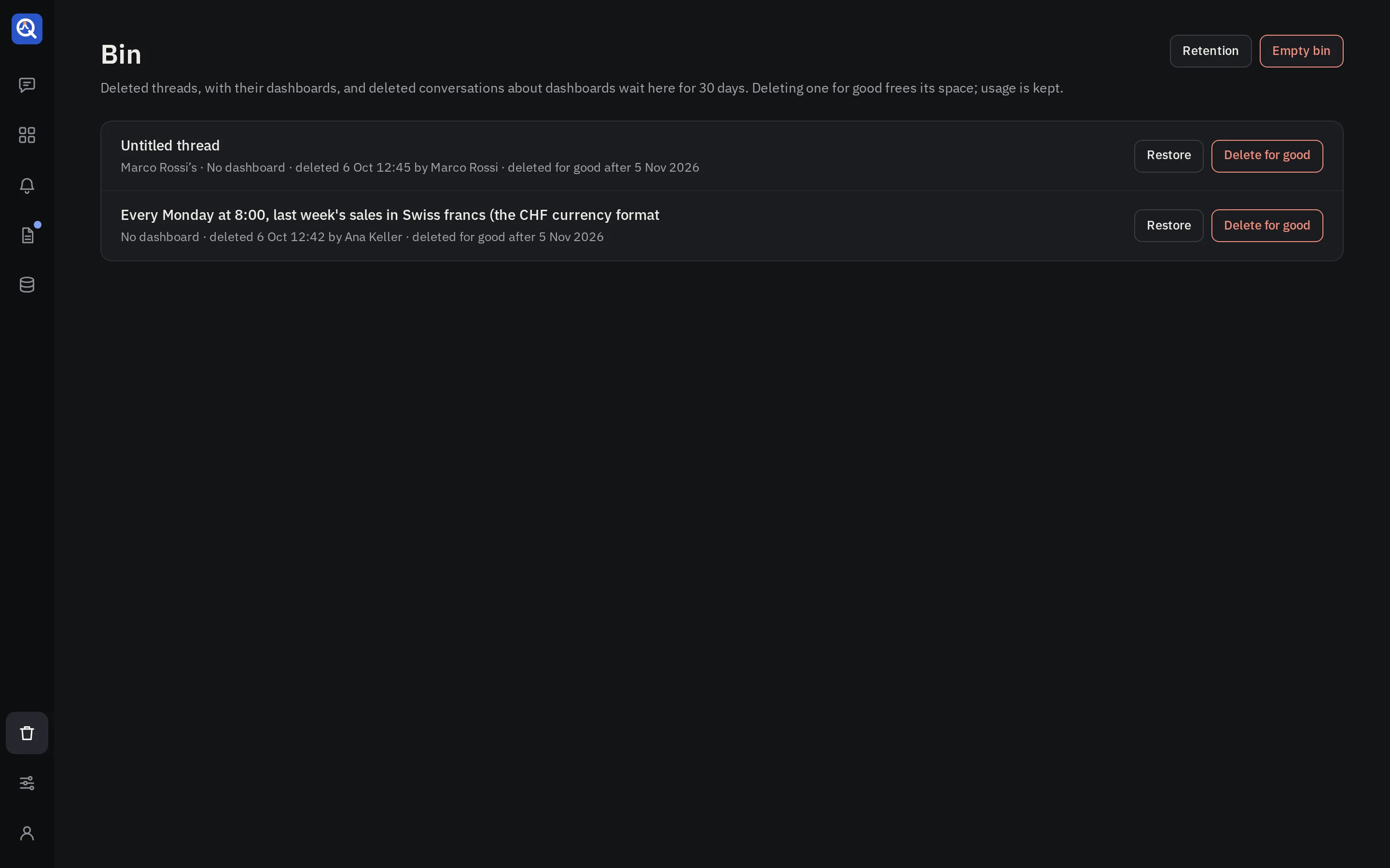 The bin: deleted threads and conversations, who deleted them, and when each goes for good