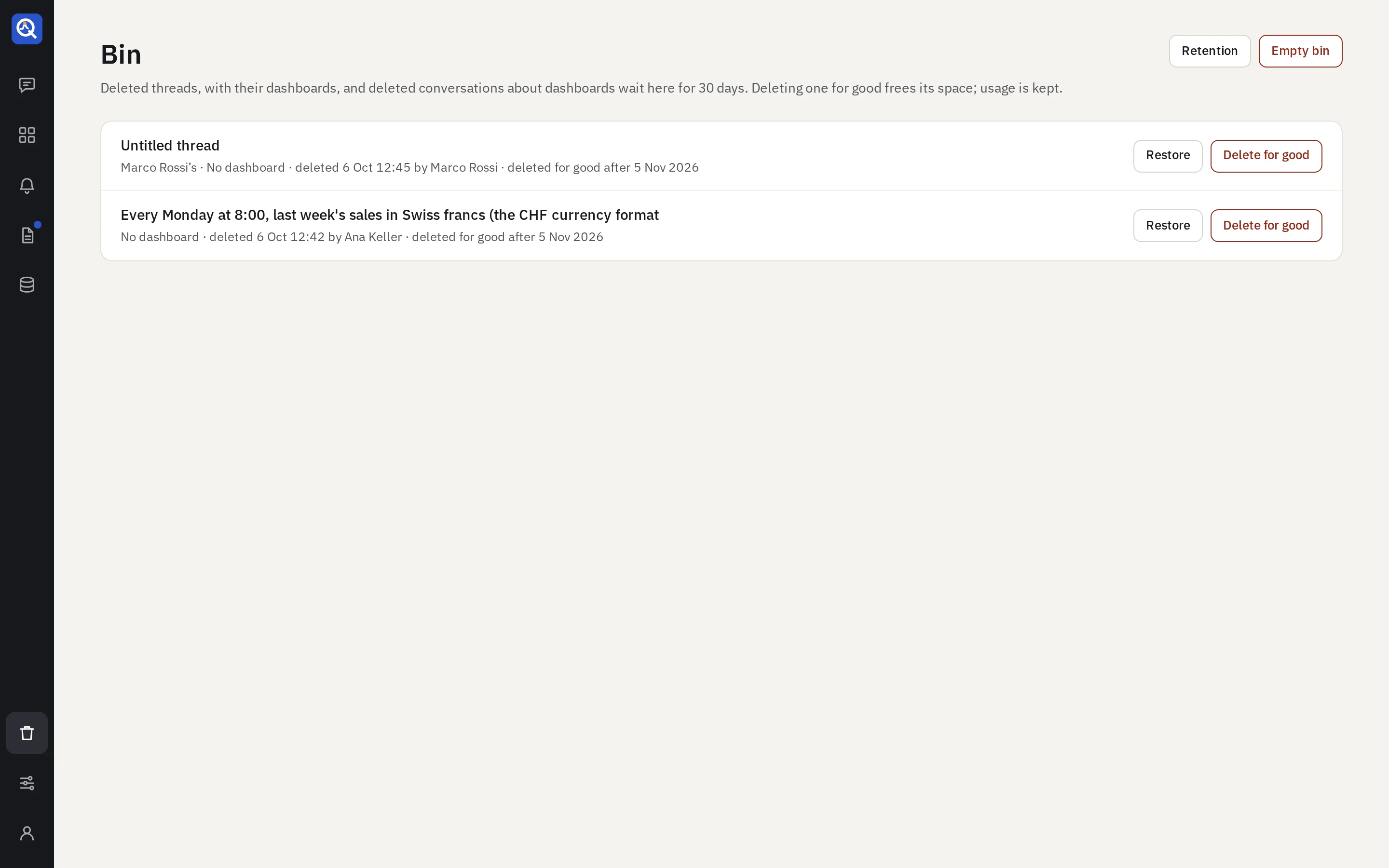 The bin: deleted threads and conversations, who deleted them, and when each goes for good