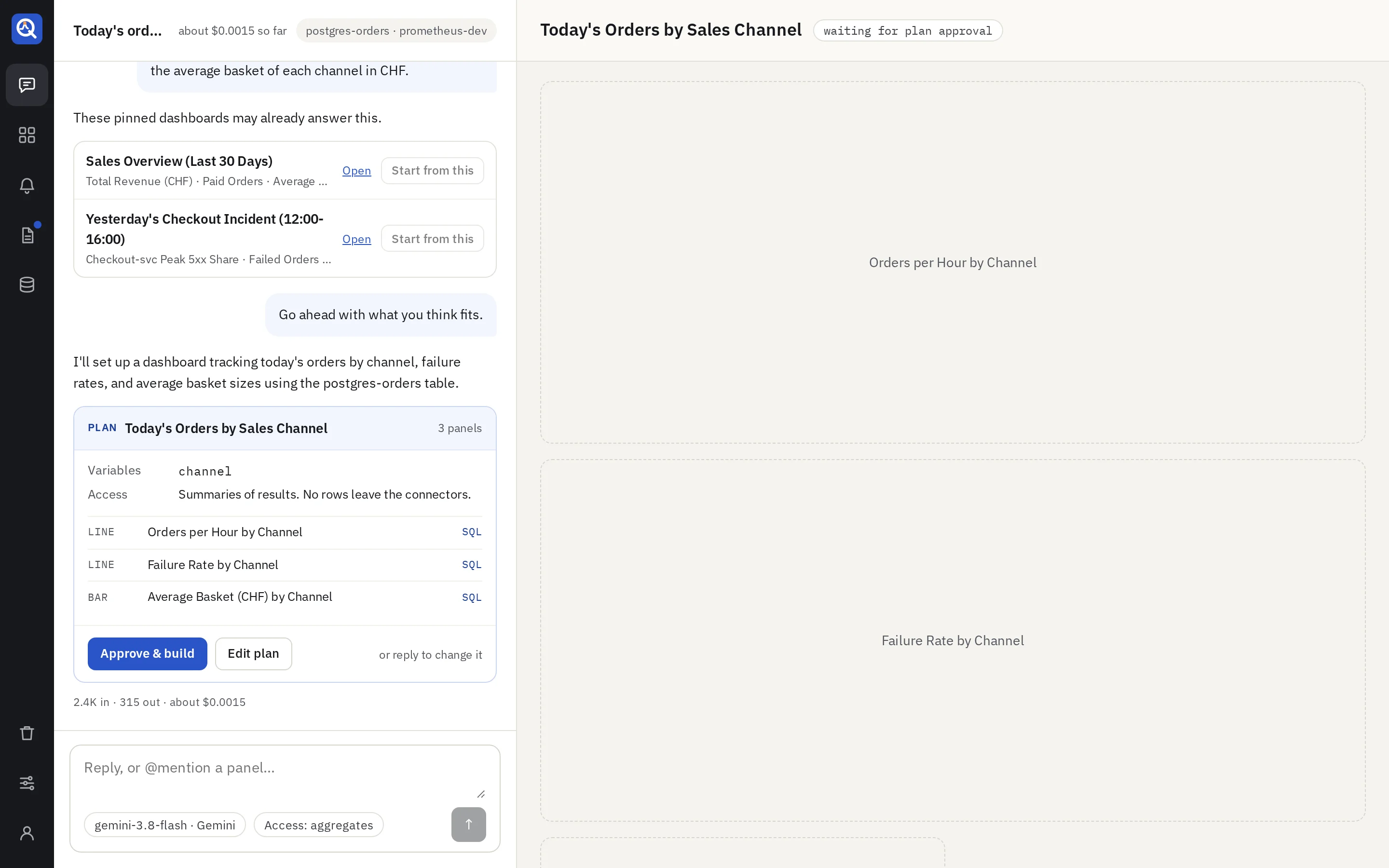 The agent proposes a plan: three panels with their queries, to approve before it builds