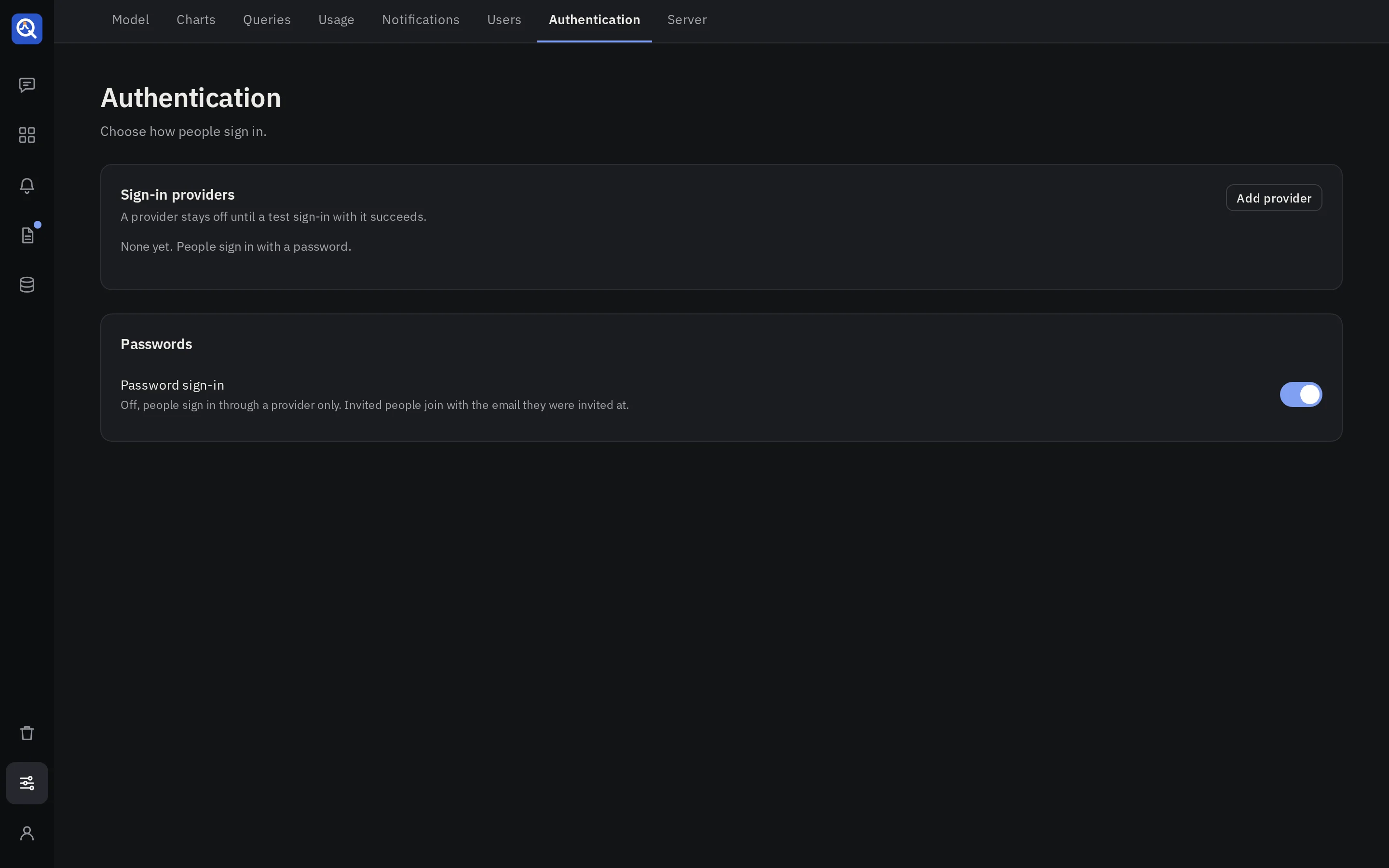 Settings → Authentication: password sign-in, and the sign-in providers