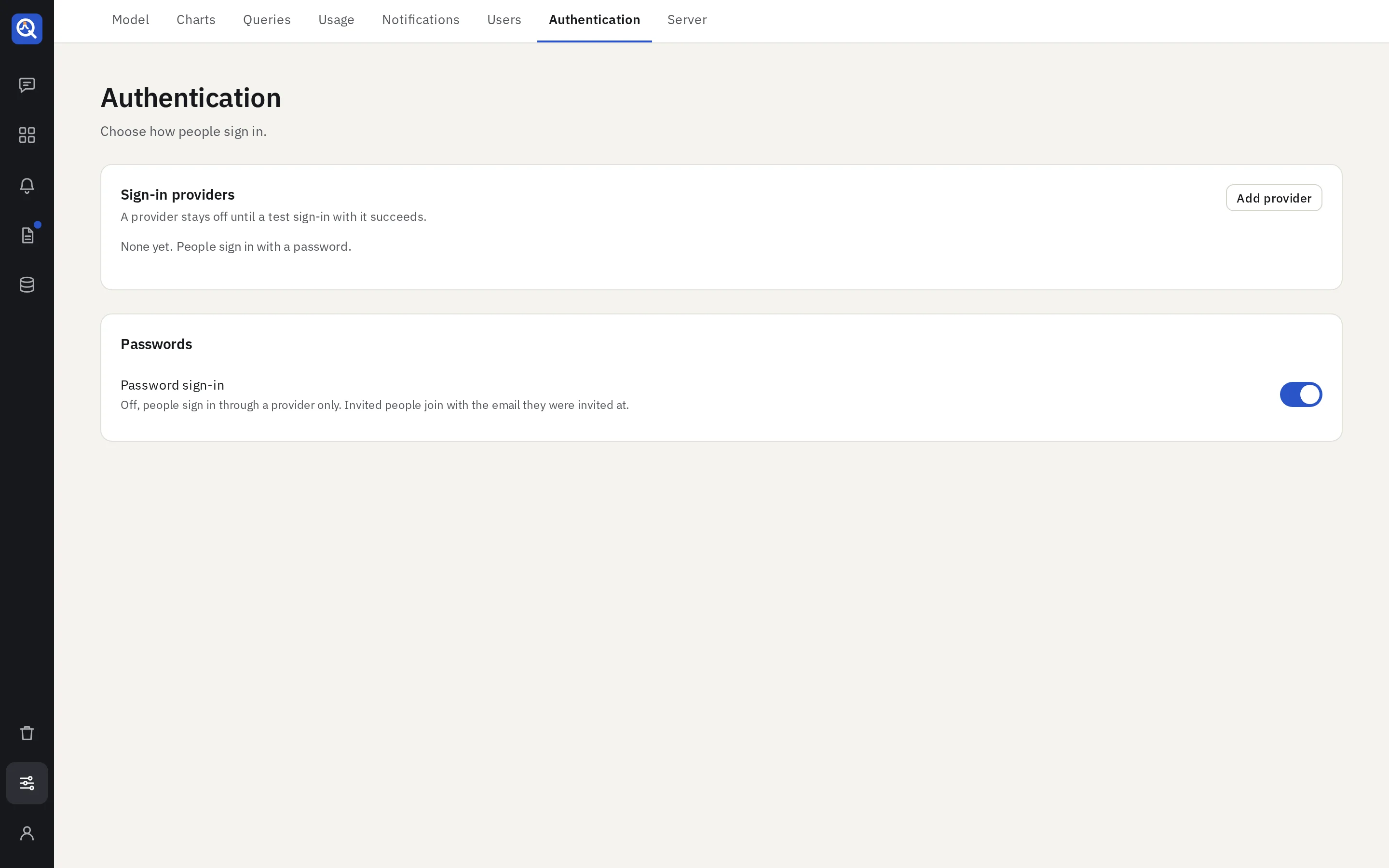 Settings → Authentication: password sign-in, and the sign-in providers