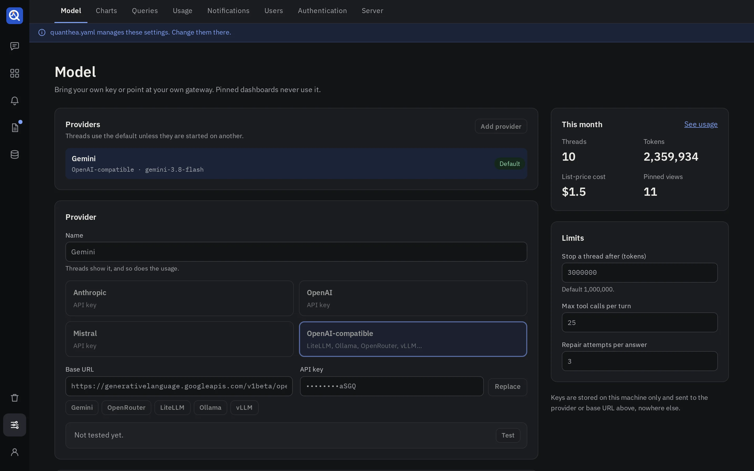 Settings → Model: a provider with its key and the model for each job, the limits and the behaviour switches