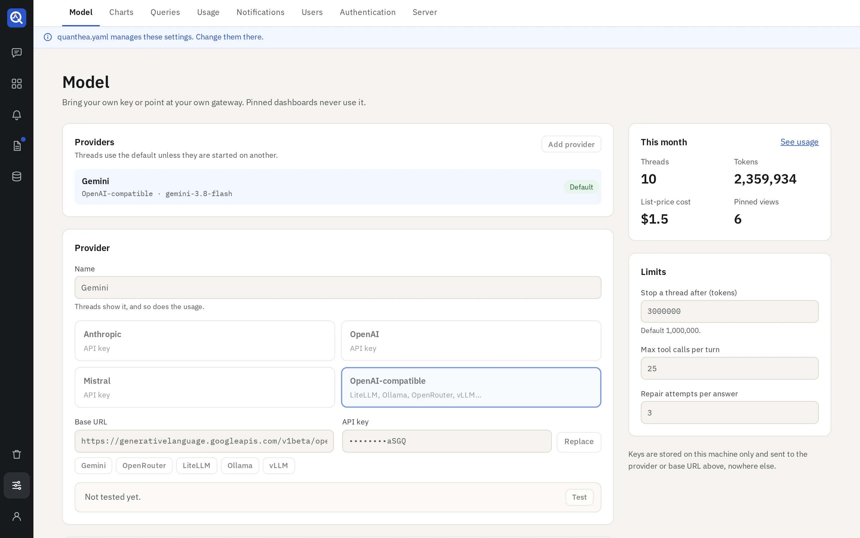 Settings → Model: a provider with its key and the model for each job, the limits and the behaviour switches