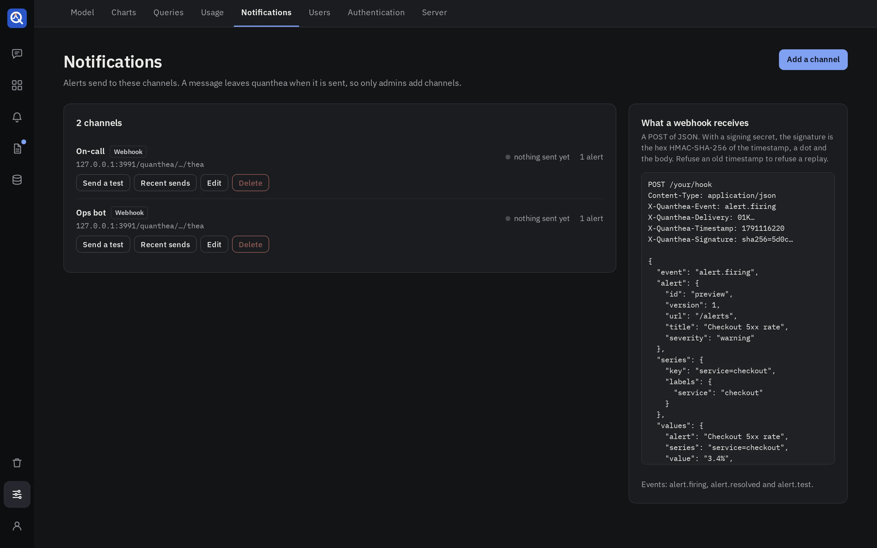 Settings → Notifications: each channel with its kind, masked target, last send and the alerts that use it