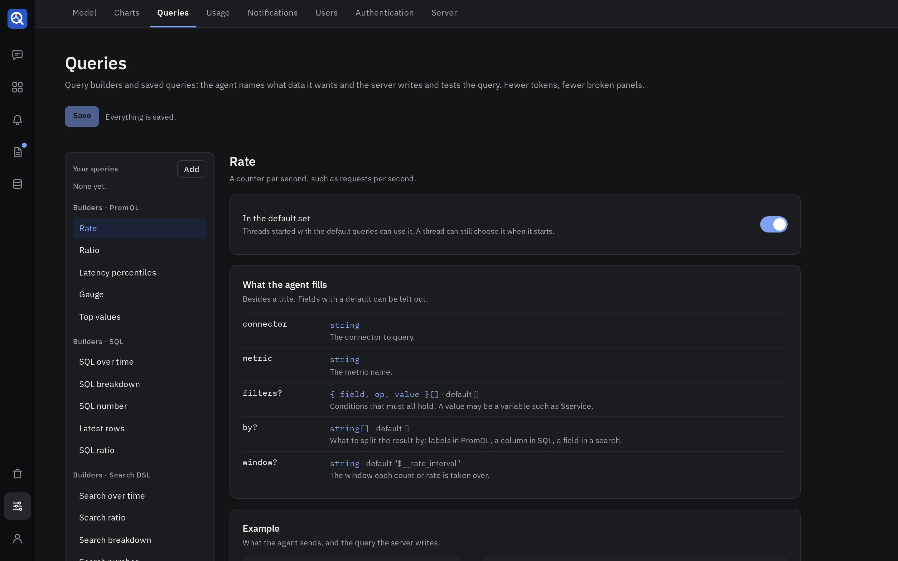Settings → Queries: the query builders, each with an example, the query it becomes and a preview