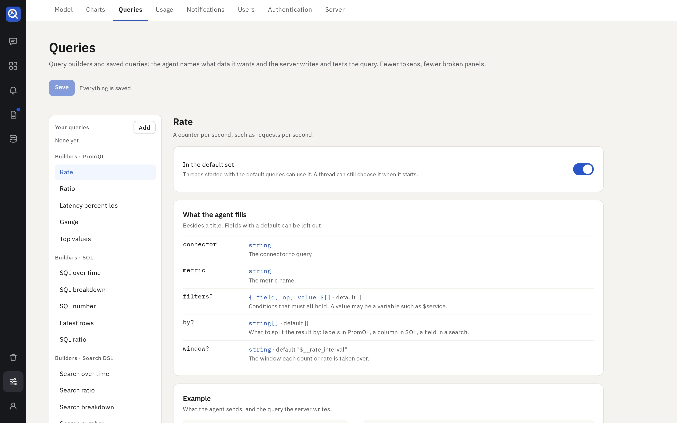 Settings → Queries: the query builders, each with an example, the query it becomes and a preview