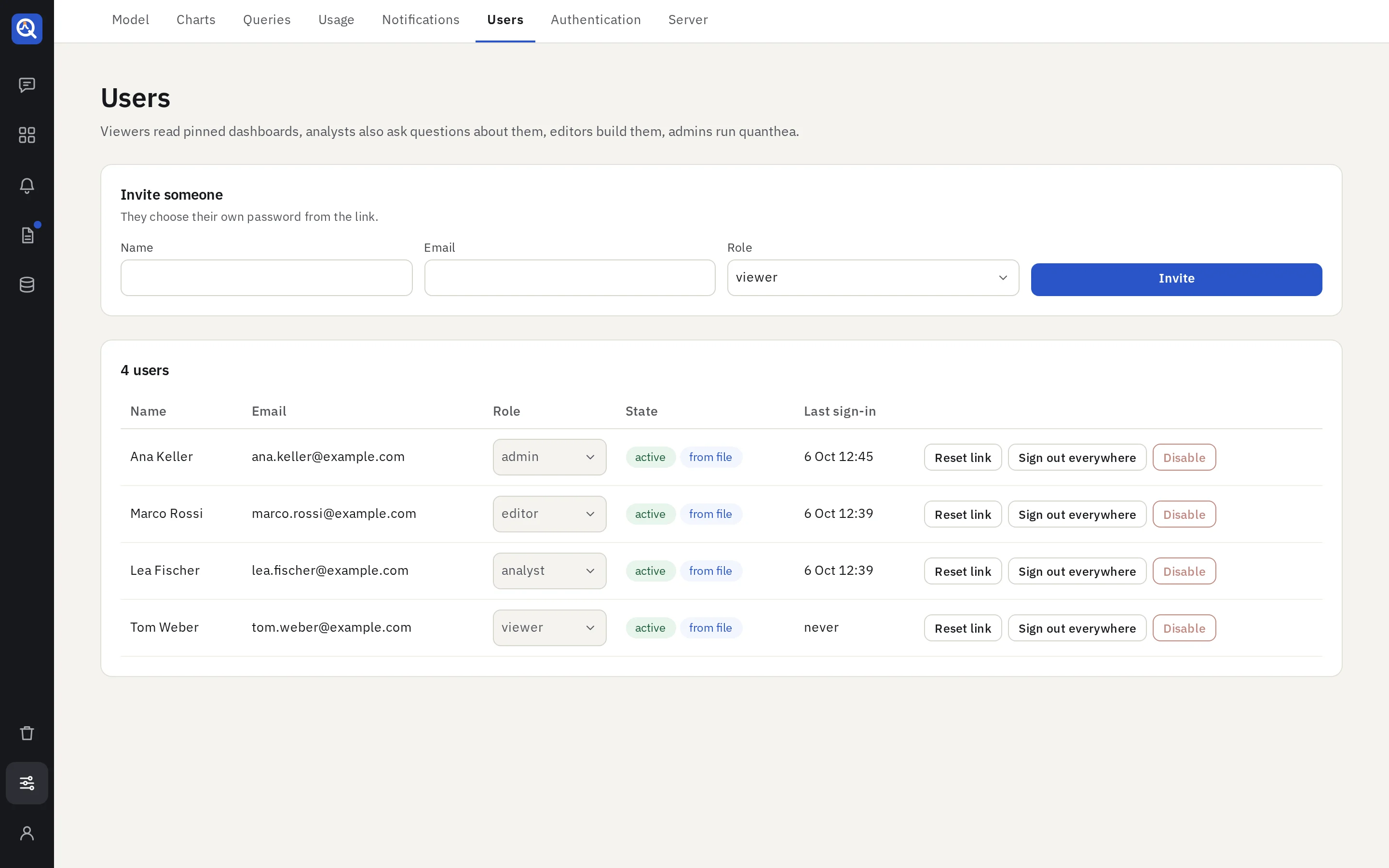 Settings → Users: each person with their role and last sign-in, and the invite form